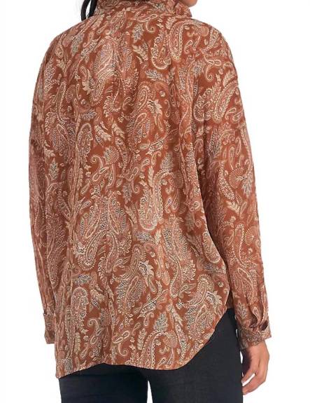 ELAN - Sheer Curry Paisley Long Sleeve Blouse Shirt