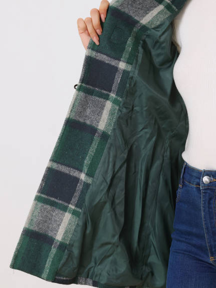 Allegra K- Turn Down Collar Plaid Toggle Duffle Long Overcoat