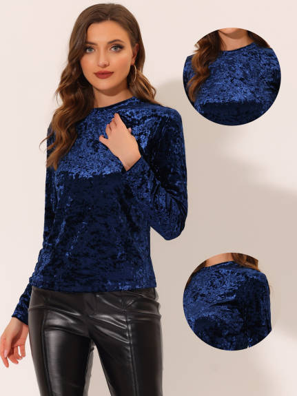 Allegra K- Velvet Round Neck Long Sleeve Top