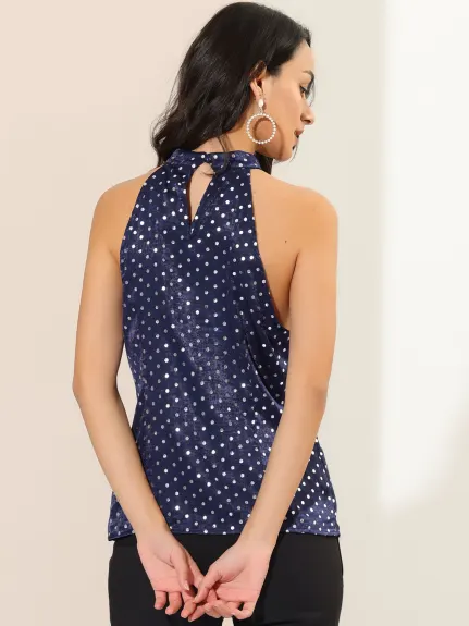 Allegra K - Satin Polka Dots Halter Neck Elegant Top