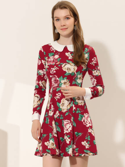 Allegra K- Peter Pan Collar Long Sleeve Above Knee A-Line Dress