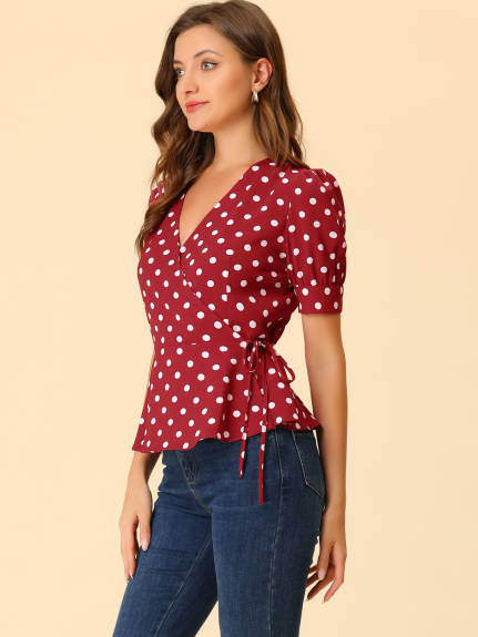 Allegra K - V Neck Polka Dots Short Sleeve Wrap Peplum Top