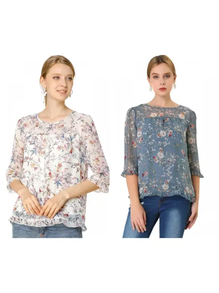 Allegra K- Blouse florale en mousseline à manches 3/4 et à volants