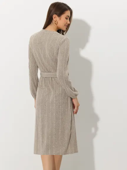 Allegra K- Crew Neck Ribbed Knit Tie Waist Fall Sweater Midi Dress