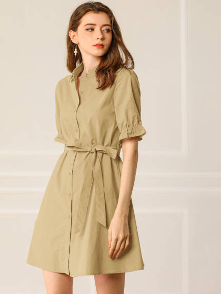 Allegra K- Ruffled Short Sleeve Belted Shirt Dress