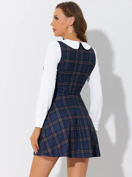 Allegra K- Plaid Peter Pan Collar Mini robe trapèze à manches longues