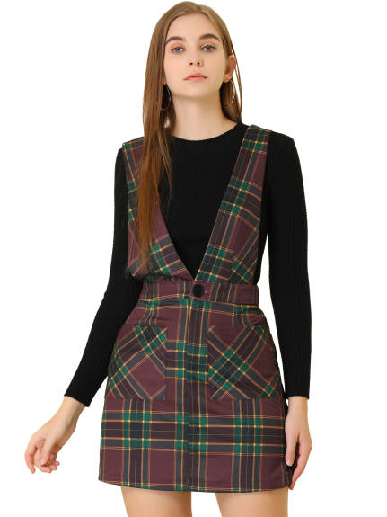 Allegra K- Plaid Above Knee Knit Crossover V Neck Overall Skirt