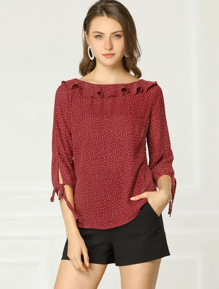 Allegra K- Ruffled Neck Half Sleeve Sheer Polka Dots Blouse