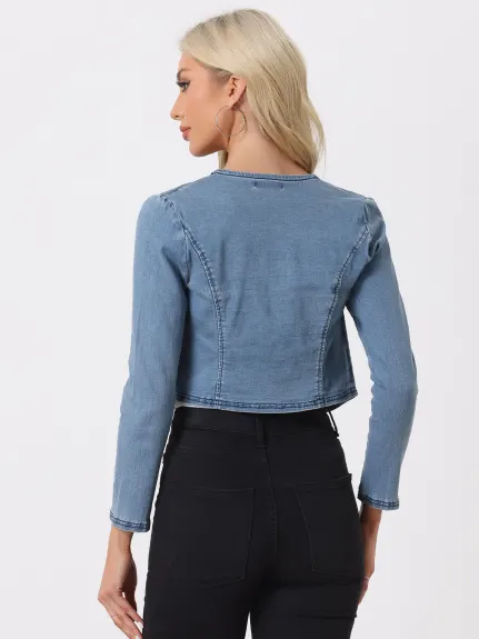 Allegra K- Veste courte sans col ouverte sur le devant en denim