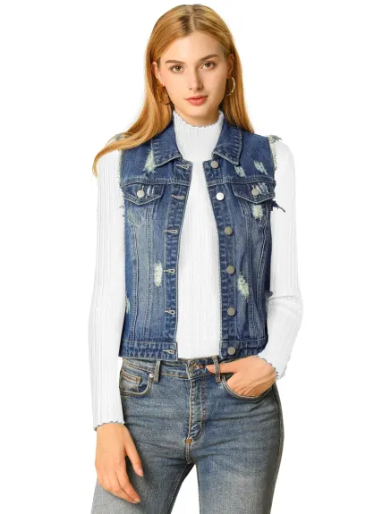 Allegra K- Gilet en jean délavé à col rabattu et boutons