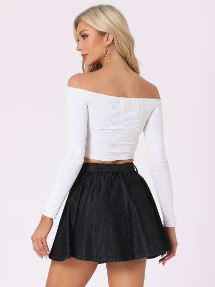 Allegra K- Belted A-Line Mini Denim Skirt