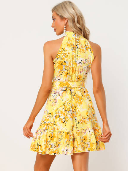 Allegra K- Floral Print Sleeveless Halter Neck Belted Dress