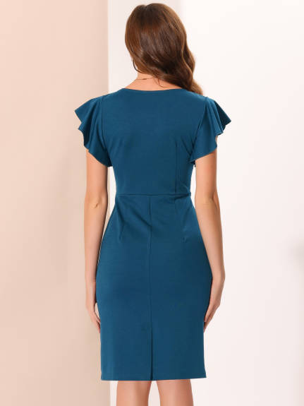 Allegra K- Ruffle Sleeve Ruched Bodycon Dress