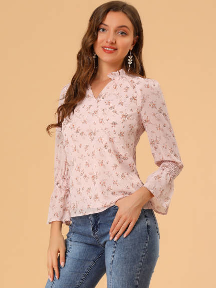 Allegra K- Smocked Sleeve V-Neck Chiffon Floral Blouse