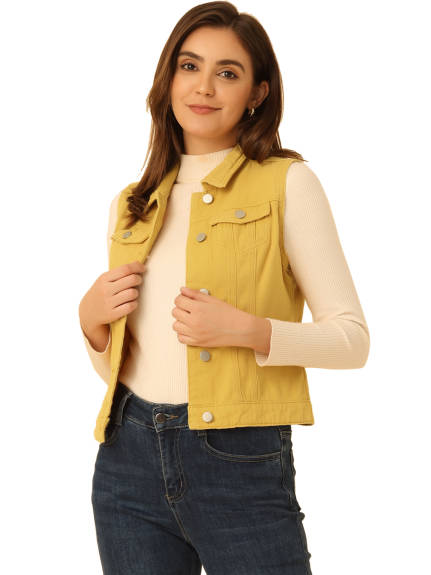 Allegra K- Washed Denim Buttoned Vest with Flap Pockets