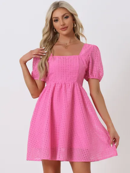 Allegra K- Short Sleeve Square Neck A-Line Dress