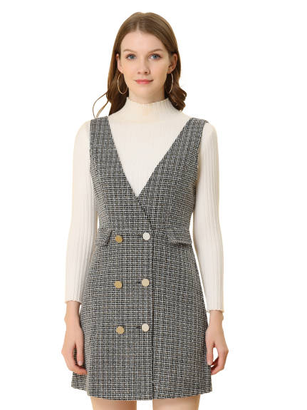 Allegra K - Elegant Button Plaid Tweed Overalls Skirt