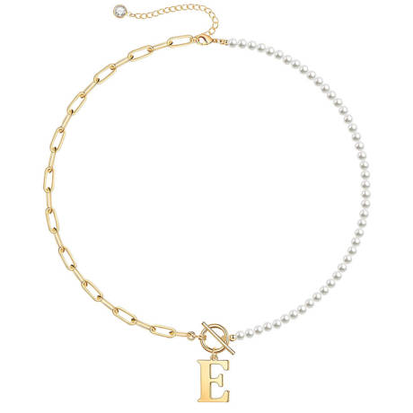 Rachel Glauber 14K Gold Plated Initial "E" Pearl Link Chain Necklace