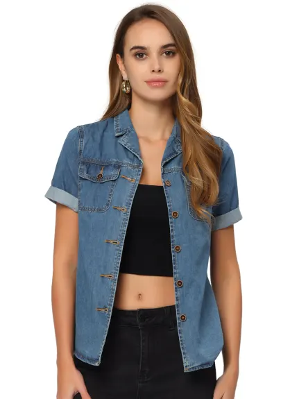 Allegra K- chemise en Jean col cranté boutonné