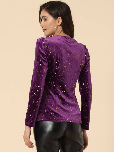 Allegra K- Velvet V-Neck Long Sleeve Shiny Stars Top