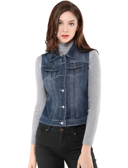 Allegra K- Gilet boutonné en denim délavé avec poches à rabat