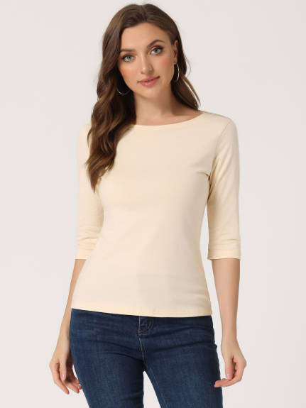 Allegra K- Elbow Sleeves Round Neck Slim Fit Tee