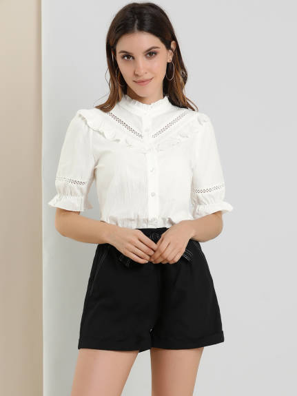 Allegra K - Button Down Cotton Ruffle Neck Shirt