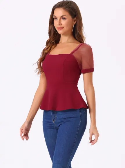 Allegra K - Square Neck Mesh Sheer Sleeve Peplum Top