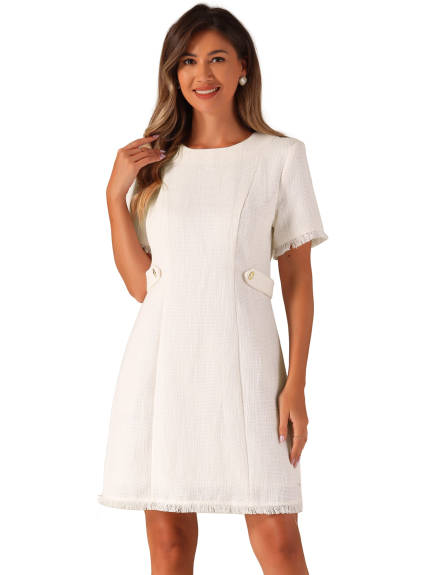 Allegra K - Tweed Round Neck Short Sleeve Work Dress