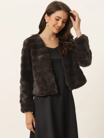 Allegra K- Cropped Collarless Faux Fur Fluffy Coat Jacket