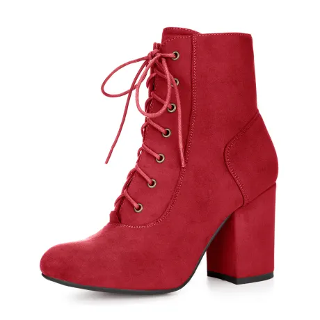 Allegra K- Round Toe Chunky High Heel Lace Up Booties