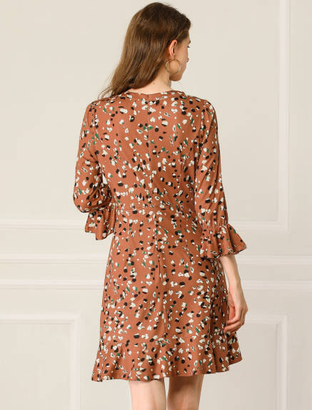 Allegra K- Leopard 3/4 Bell Sleeves Ruffle Dress