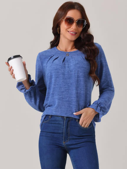 INSPIRE CHIC - Crew Neck Smocked Cuff Long Sleeve Blouse