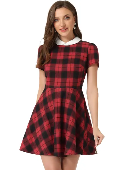 Allegra K- Peter Pan Collar Puff Sleeves Above Knee Plaid Grid Dress