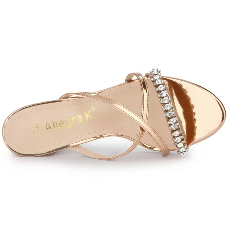 Allegra K - Cross Strap Rhinestone Block Heeled Slide Sandals