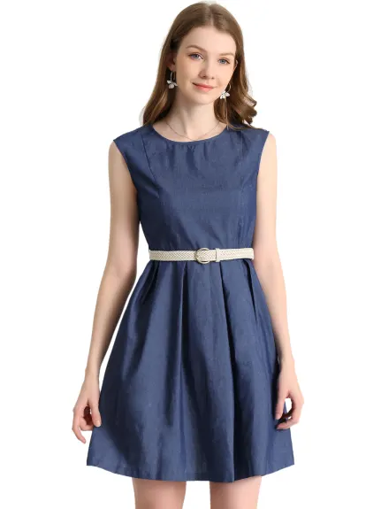 Allegra K- Belted Round Neck Flared Above Knee Chambray Denim Dress