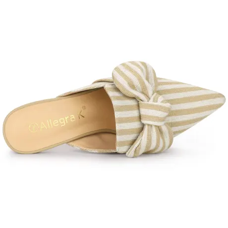 Allegra K- Stripe Pointed Toe Block Heel Bow Slides Mules