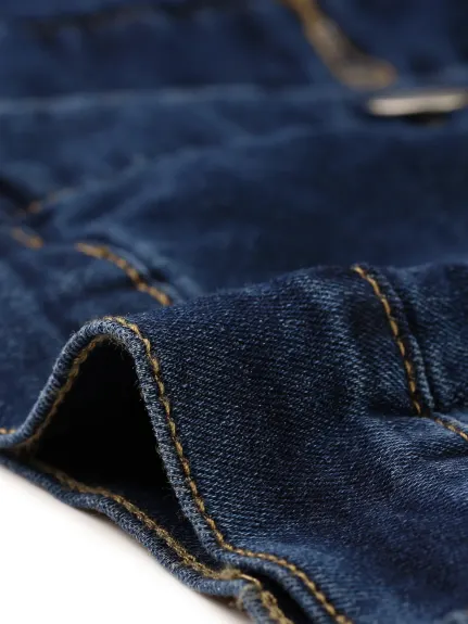 Allegra K - Veste en jean courte sans col boutonnée à manches longues