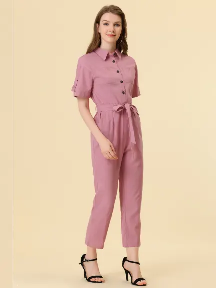 Allegra K- Turndown Collar Button up Tie Waist Cargo Jumpsuit