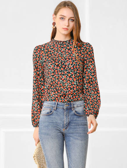 Allegra K- Stand Collared Long Sleeve Floral Top