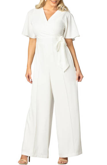 Kiyonna Karina Crepe Wide-Leg White Jumpsuit