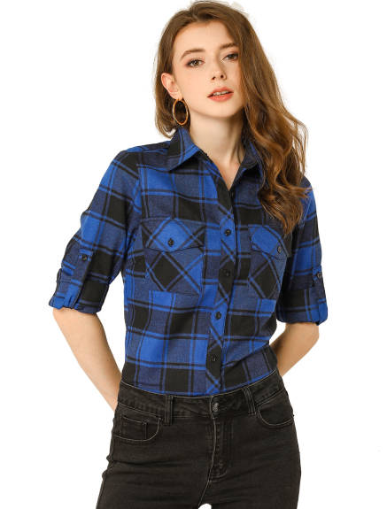 Allegra K- Roll Up Button Down Flannel Shirt