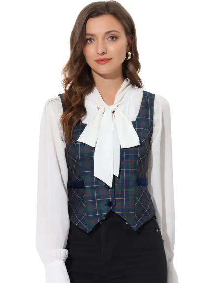 Allegra K- Square Neck Single Breasted Sleeveless Plaid Vest