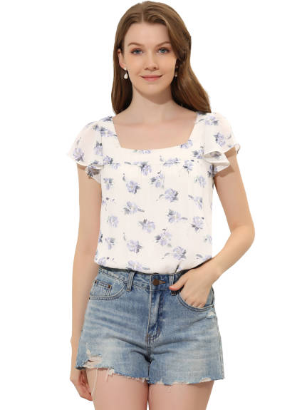 Allegra K- Short Sleeve Square Neck Ruffled Floral Chiffon Blouse