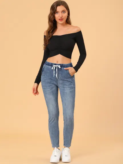 Allegra K- Skinny Jeans High Waisted Drawstring Stretch Denim