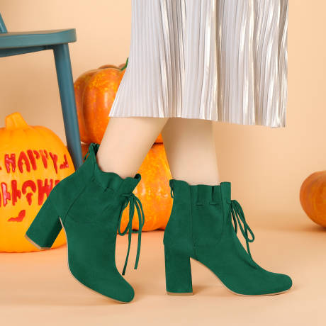 Allegra K - Round Toe Ruffle Drawstring Ankle Boots