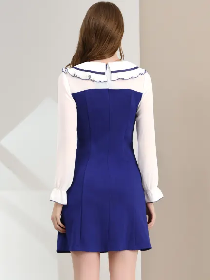 Allegra K- Doll Collar Color Block Long Sleeve Chiffon Dress