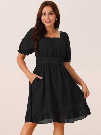 Allegra K - Puff Short Sleeve Square Neck Ruffle Dress