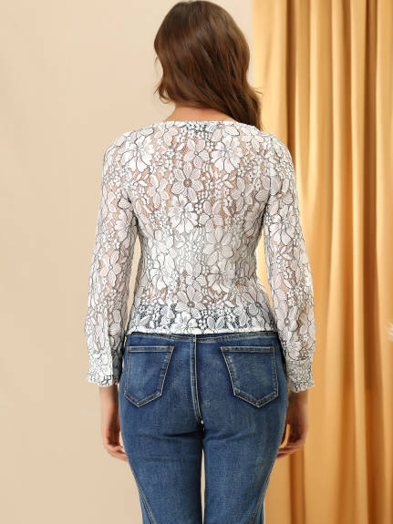 Allegra K- Long Sleeve Square Neck Lace Floral Semi Sheer Blouse