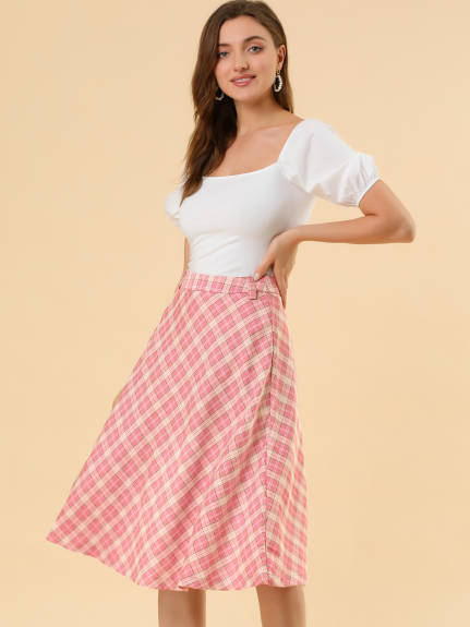 Allegra K- Plaid Tartan Belted A-Line Midi Skirt